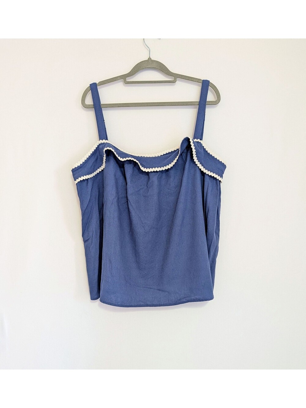 Solid & Striped Blue Linen Blend Ruffle Tank Top Ric Rac Trim Large